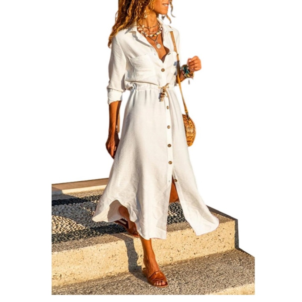 -NWT LUXVEER Button Front Shirt Dress - Size: Medium, white, drawstring waist